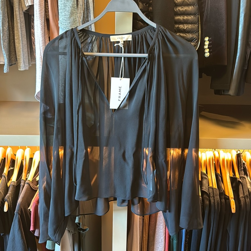 Frame XS V Neck Shirred Blouse Silk Black